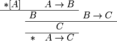 \large \begin{array}{cccc} *[A]&&A\to B&\\\cline{1-3}&B&&B\to C\\\cline{2-4}&&C&\\\cline{2-3}&*&A\to C&\end{array}